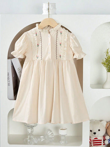 2025 Summer Girls Embroidered Boat Pattern Cap Sleeve Knee Length Dress, Cute Sweet Style