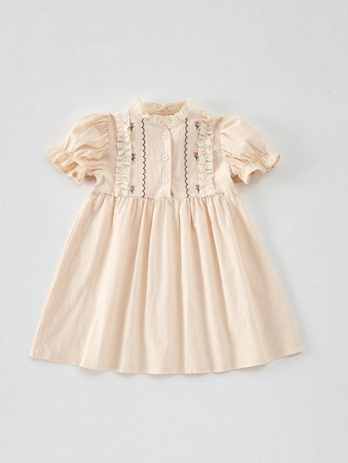2025 Summer Girls Embroidered Boat Pattern Cap Sleeve Knee Length Dress, Cute Sweet Style