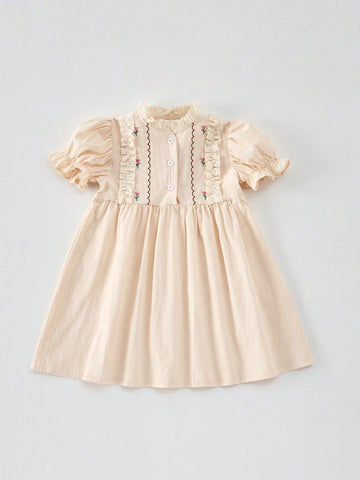 2025 Summer Girls Embroidered Boat Pattern Cap Sleeve Knee Length Dress, Cute Sweet Style