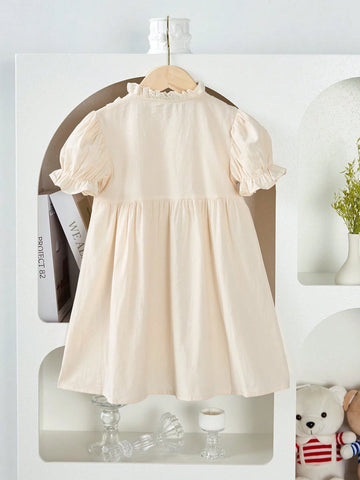 2025 Summer Girls Embroidered Boat Pattern Cap Sleeve Knee Length Dress, Cute Sweet Style