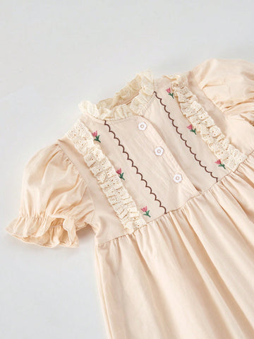2025 Summer Girls Embroidered Boat Pattern Cap Sleeve Knee Length Dress, Cute Sweet Style