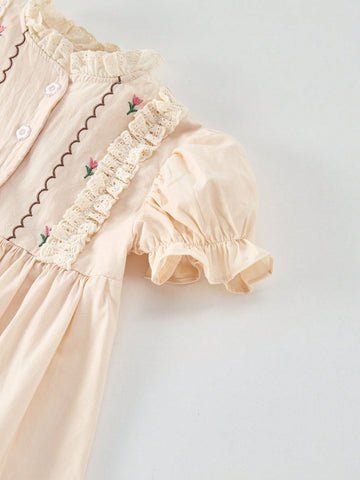 2025 Summer Girls Embroidered Boat Pattern Cap Sleeve Knee Length Dress, Cute Sweet Style