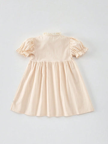 2025 Summer Girls Embroidered Boat Pattern Cap Sleeve Knee Length Dress, Cute Sweet Style