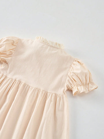 2025 Summer Girls Embroidered Boat Pattern Cap Sleeve Knee Length Dress, Cute Sweet Style