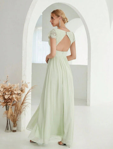 Contrast Lace Wrap Hem Chiffon Bridesmaid Dress