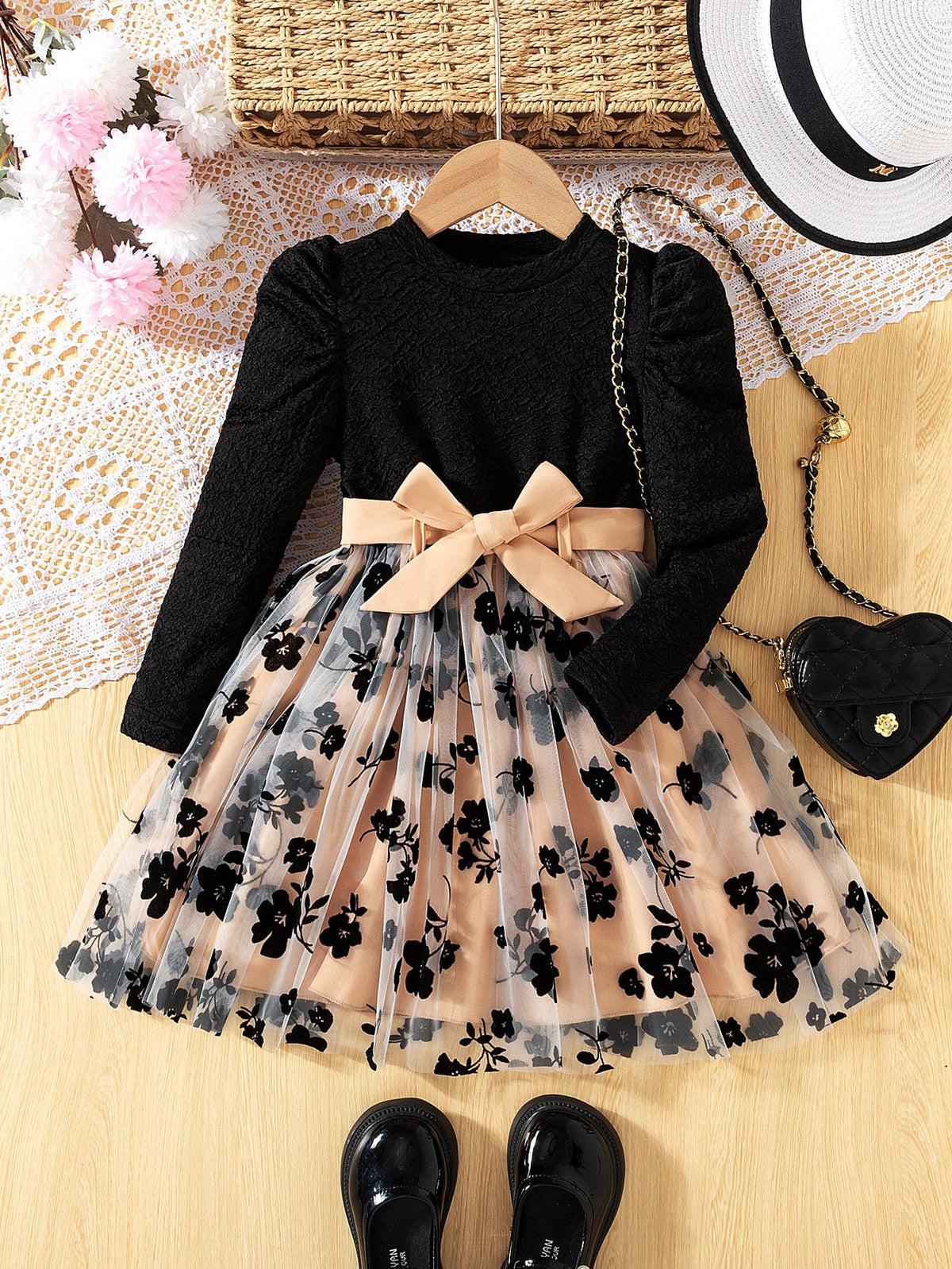 2Pcs Set Young Girl Fashionable Casual Solid Color Wave Pattern Splice With Lining Drawstring Mesh A-Line Dress For Daily/Outdoor, Spring/Autumn