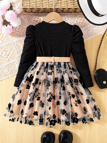 2Pcs Set Young Girl Fashionable Casual Solid Color Wave Pattern Splice With Lining Drawstring Mesh A-Line Dress For Daily/Outdoor, Spring/Autumn