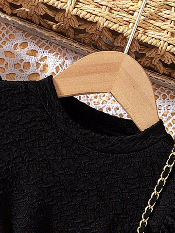 2Pcs Set Young Girl Fashionable Casual Solid Color Wave Pattern Splice With Lining Drawstring Mesh A-Line Dress For Daily/Outdoor, Spring/Autumn