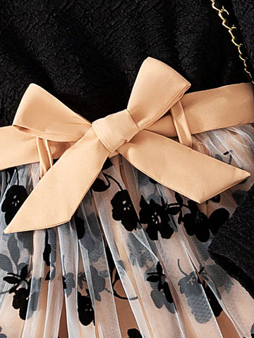 2Pcs Set Young Girl Fashionable Casual Solid Color Wave Pattern Splice With Lining Drawstring Mesh A-Line Dress For Daily/Outdoor, Spring/Autumn