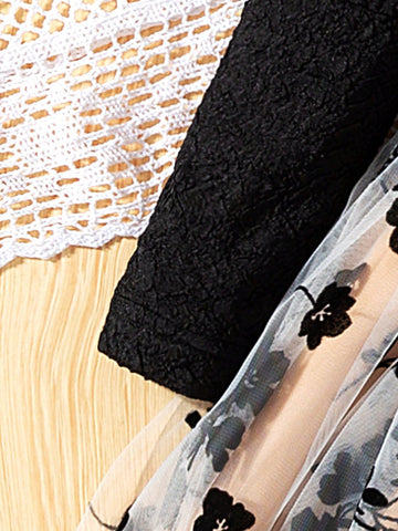 2Pcs Set Young Girl Fashionable Casual Solid Color Wave Pattern Splice With Lining Drawstring Mesh A-Line Dress For Daily/Outdoor, Spring/Autumn