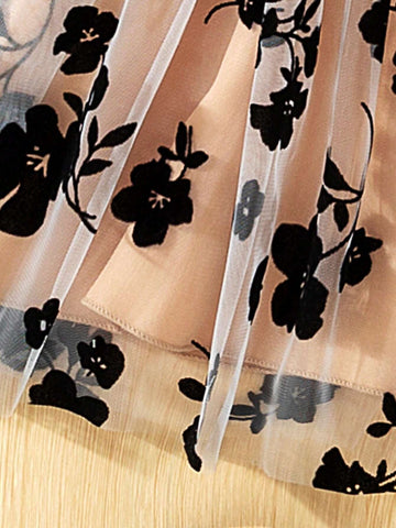 2Pcs Set Young Girl Fashionable Casual Solid Color Wave Pattern Splice With Lining Drawstring Mesh A-Line Dress For Daily/Outdoor, Spring/Autumn