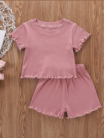 2Pcs Toddlers Girls Clothes Suit Solid Color Ribbed O-Neck Short Sleeves Tops + Elastic Waist Shorts Outfits