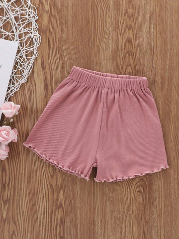 2Pcs Toddlers Girls Clothes Suit Solid Color Ribbed O-Neck Short Sleeves Tops + Elastic Waist Shorts Outfits
