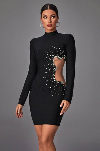 Londyn Black Long Sleeve Pearl Bodycon Dress