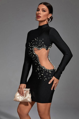 Londyn Black Long Sleeve Pearl Bodycon Dress