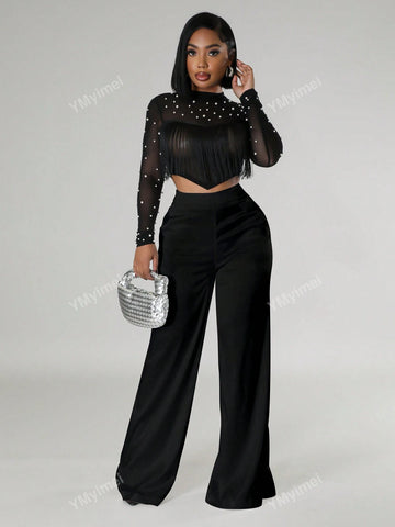 2 Pcs/Set Beaded Collar Asymmetric Hem Long Sleeve Top And Trousers, Sexy Summer Outfit