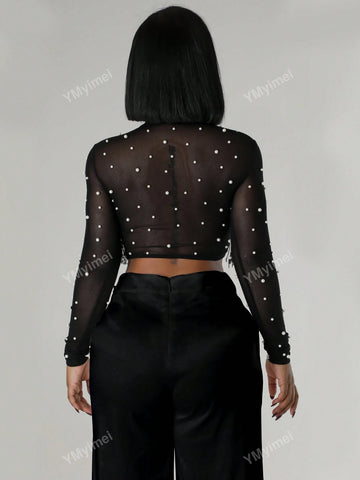 2 Pcs/Set Beaded Collar Asymmetric Hem Long Sleeve Top And Trousers, Sexy Summer Outfit