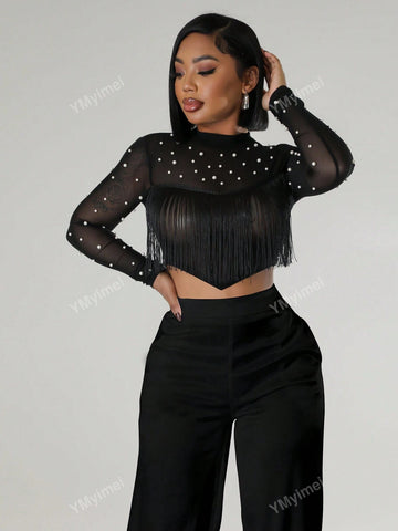 2 Pcs/Set Beaded Collar Asymmetric Hem Long Sleeve Top And Trousers, Sexy Summer Outfit