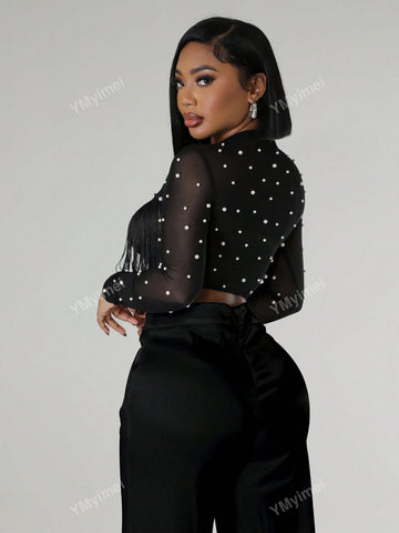 2 Pcs/Set Beaded Collar Asymmetric Hem Long Sleeve Top And Trousers, Sexy Summer Outfit