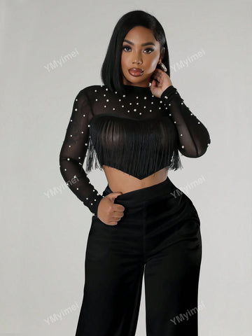 2 Pcs/Set Beaded Collar Asymmetric Hem Long Sleeve Top And Trousers, Sexy Summer Outfit