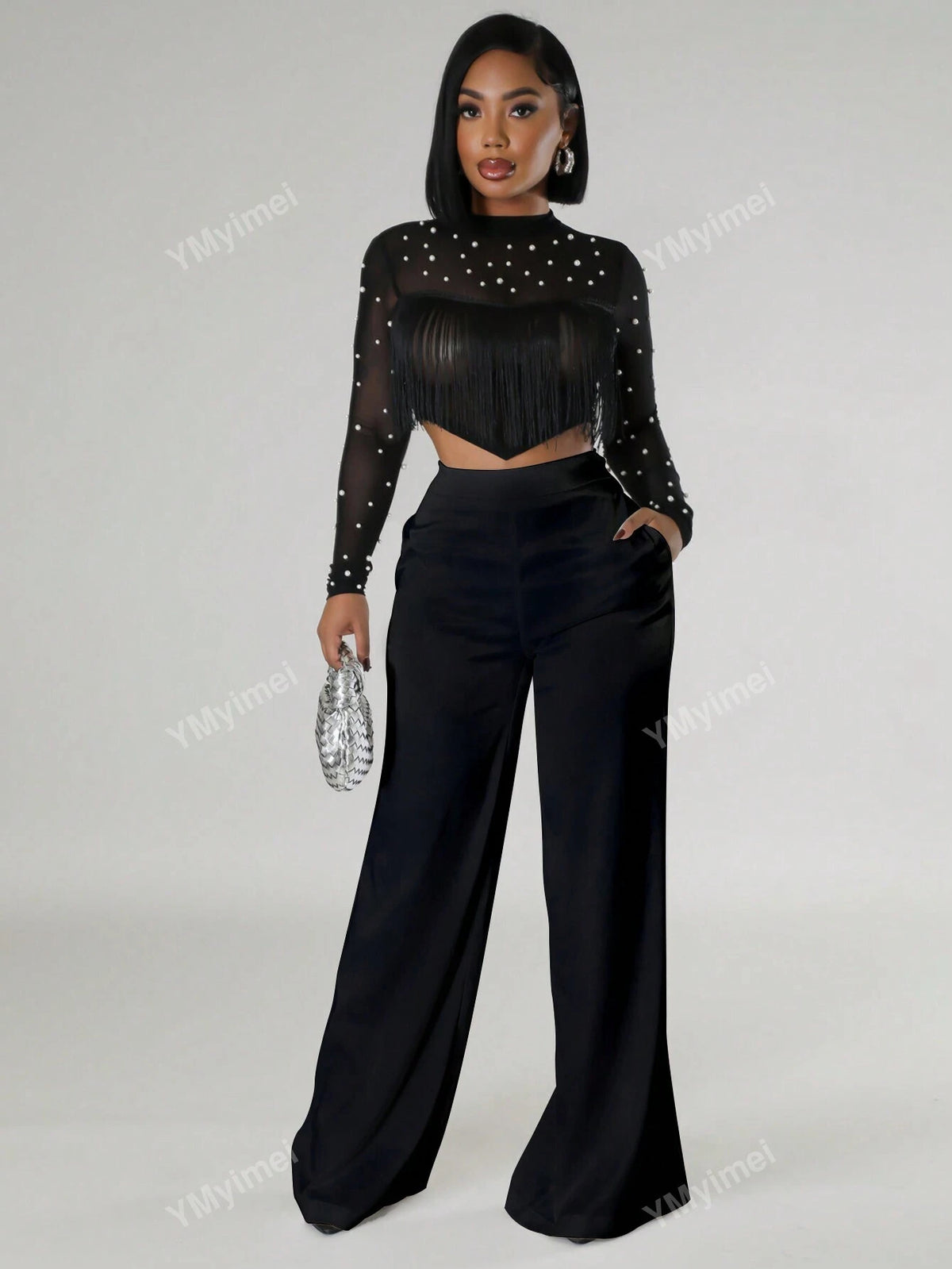 2 Pcs/Set Beaded Collar Asymmetric Hem Long Sleeve Top And Trousers, Sexy Summer Outfit