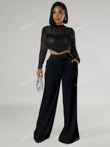 2 Pcs/Set Beaded Collar Asymmetric Hem Long Sleeve Top And Trousers, Sexy Summer Outfit