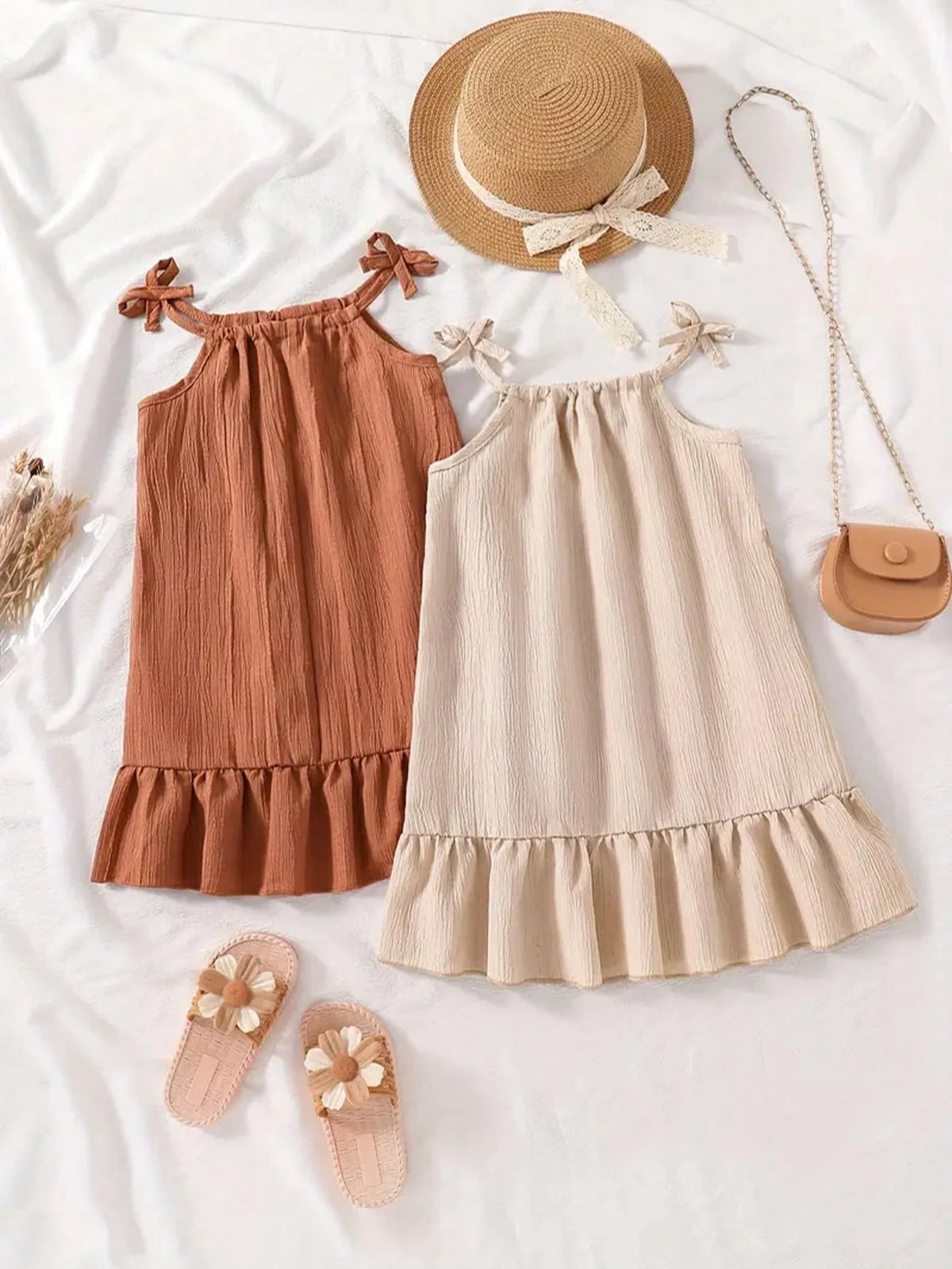 2 Pcs/Set Cute Girls Summer Dress, Sleeveless Ruffled Hem Casual Versatile Princess Dresses For Young Girl