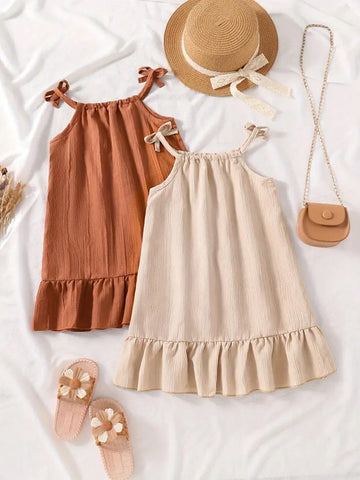 2 Pcs/Set Cute Girls Summer Dress, Sleeveless Ruffled Hem Casual Versatile Princess Dresses For Young Girl