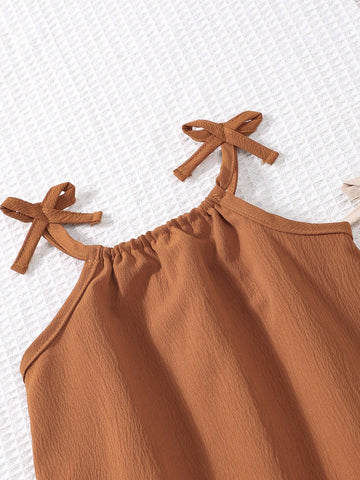 2 Pcs/Set Cute Girls Summer Dress, Sleeveless Ruffled Hem Casual Versatile Princess Dresses For Young Girl