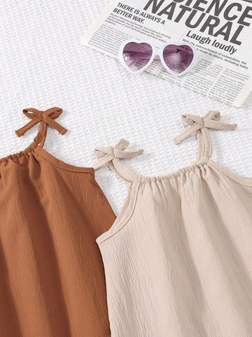 2 Pcs/Set Cute Girls Summer Dress, Sleeveless Ruffled Hem Casual Versatile Princess Dresses For Young Girl