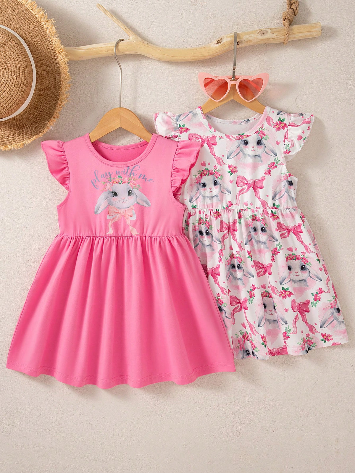 2 Pcs/Set Girls Cute Rabbit Print Sleeveless Round Neck Solid Color Summer Princess Dress, Sweet And Casual