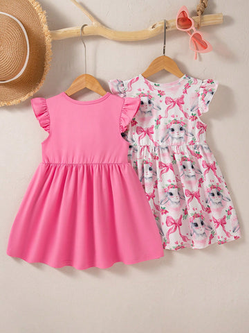 2 Pcs/Set Girls Cute Rabbit Print Sleeveless Round Neck Solid Color Summer Princess Dress, Sweet And Casual