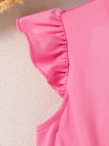 2 Pcs/Set Girls Cute Rabbit Print Sleeveless Round Neck Solid Color Summer Princess Dress, Sweet And Casual