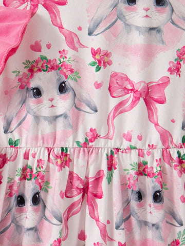 2 Pcs/Set Girls Cute Rabbit Print Sleeveless Round Neck Solid Color Summer Princess Dress, Sweet And Casual