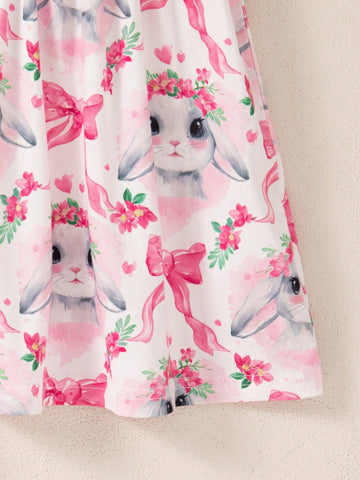 2 Pcs/Set Girls Cute Rabbit Print Sleeveless Round Neck Solid Color Summer Princess Dress, Sweet And Casual