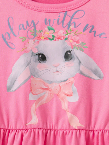 2 Pcs/Set Girls Cute Rabbit Print Sleeveless Round Neck Solid Color Summer Princess Dress, Sweet And Casual