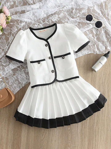 2 Piece Set: Young Girl College Style Short T-Shirt + Black & White Contrast Pleated Mini Skirt, Summer