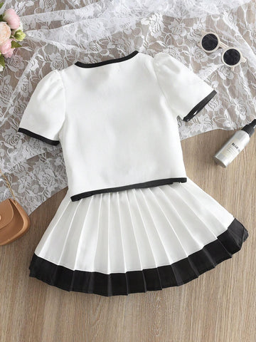 2 Piece Set: Young Girl College Style Short T-Shirt + Black & White Contrast Pleated Mini Skirt, Summer