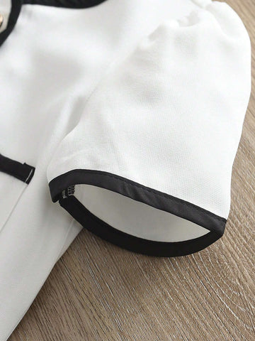 2 Piece Set: Young Girl College Style Short T-Shirt + Black & White Contrast Pleated Mini Skirt, Summer