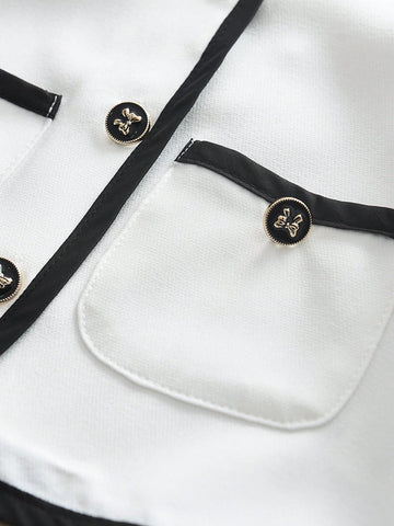 2 Piece Set: Young Girl College Style Short T-Shirt + Black & White Contrast Pleated Mini Skirt, Summer