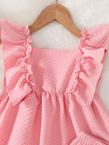 2 Pieces Young Girl Fashion Casual Solid Color Plaid V-Neck Camisole Dress