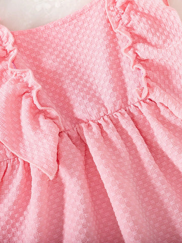 2 Pieces Young Girl Fashion Casual Solid Color Plaid V-Neck Camisole Dress