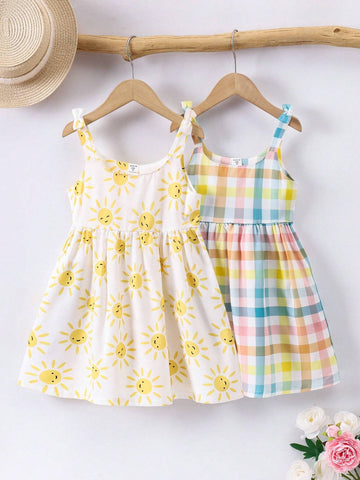 2pc Colorful Dopamine Girl Sun & Multicolor Plaid Strap Dress, Summer