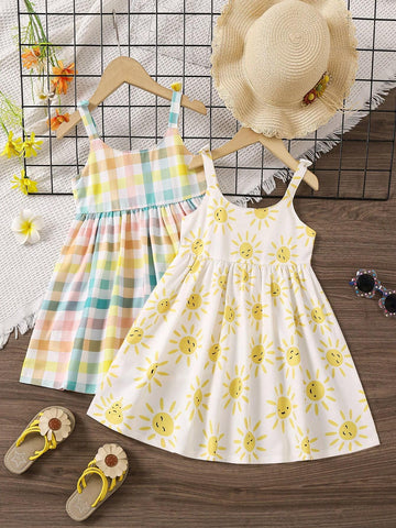 2pc Colorful Dopamine Girl Sun & Multicolor Plaid Strap Dress, Summer
