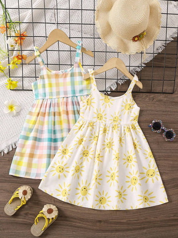 2pc Colorful Dopamine Girl Sun & Multicolor Plaid Strap Dress, Summer