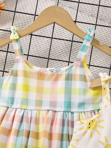 2pc Colorful Dopamine Girl Sun & Multicolor Plaid Strap Dress, Summer