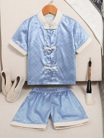 2pcs/Set 100th Birthday Celebration Baby Chinese Tang Suit Dress With Traditional Knot Buttons, Summer