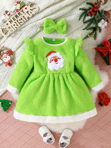 2pcs/Set 2024 Christmas Girl Cartoon Santa Print Fleece Warm Winter Long Sleeve Dress With Headband