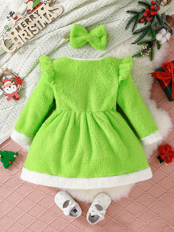 2pcs/Set 2024 Christmas Girl Cartoon Santa Print Fleece Warm Winter Long Sleeve Dress With Headband