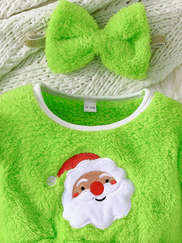 2pcs/Set 2024 Christmas Girl Cartoon Santa Print Fleece Warm Winter Long Sleeve Dress With Headband